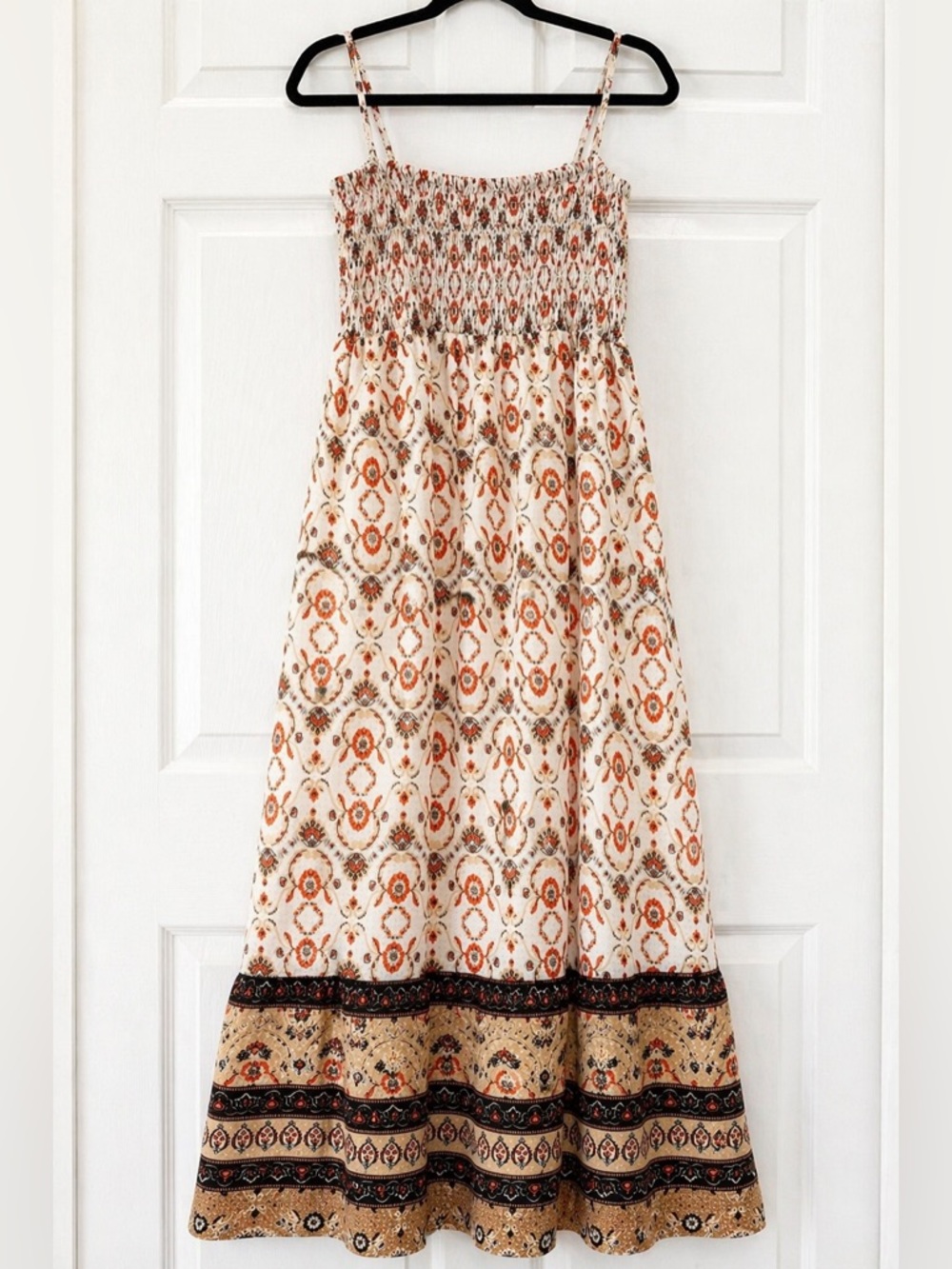 Promesa Boho Smocked Midi Dress Paisley Floral Adjustable Straps L Festival